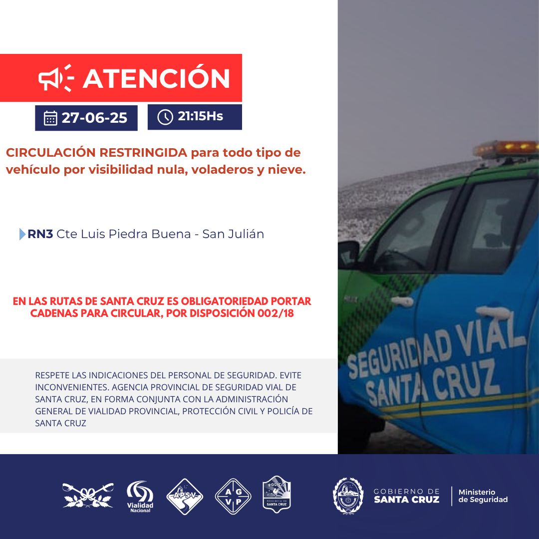 Santa Cruz: circulación restringida para todo tipo de vehículo en un tramo de la Ruta 3