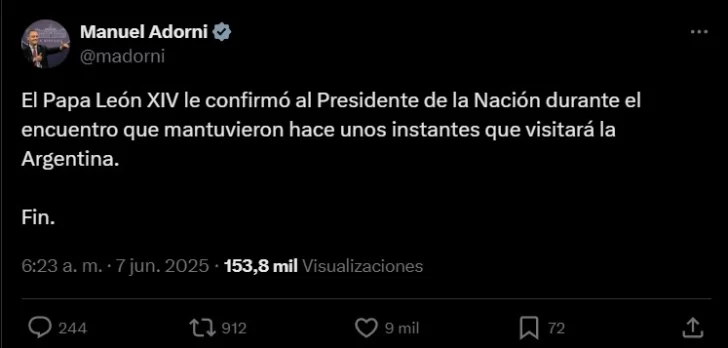El Papa León XIV recibió a Javier Milei y le confirmó que visitará Argentina El Papa León XIV recibió a Javier Milei y le confirmó que visitará Argentina