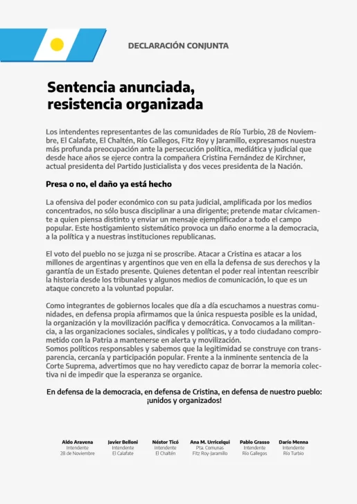La declaración conjunta de Pablo Grasso, Javier Belloni, Aldo Aravena, Nestor Tiko, Ana María Urricelqui y Darío Menna. La declaración conjunta de Pablo Grasso, Javier Belloni, Aldo Aravena, Nestor Tiko, Ana María Urricelqui y Darío Menna.