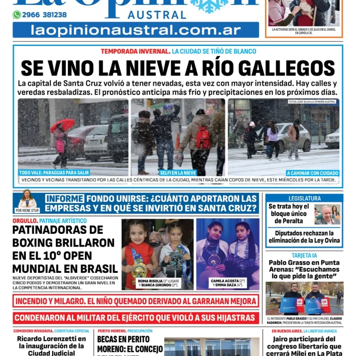 Tapa del Diario La Opinión Austral edición impresa del jueves 26 de junio de 2025, Río Gallegos, Santa Cruz, Argentina