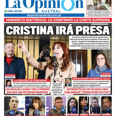 Tapa del Diario La Opinión Austral edición impresa del miércoles 11 de junio de 2025, Río Gallegos, Santa Cruz, Argentina