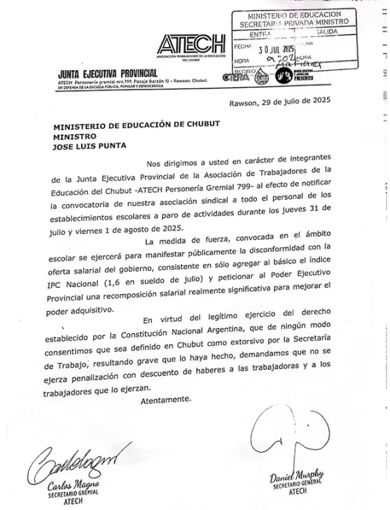  El documento presentado por ATECh al gobierno comunicando la medida de fuerza y el pedido para que no haya descuentos.