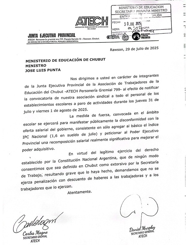  El documento presentado por ATECh al gobierno comunicando la medida de fuerza y el pedido para que no haya descuentos.