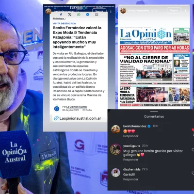 El diseñador Benito Fernández compartió la tapa de La Opinión Austral tras su visita a Río Gallegos