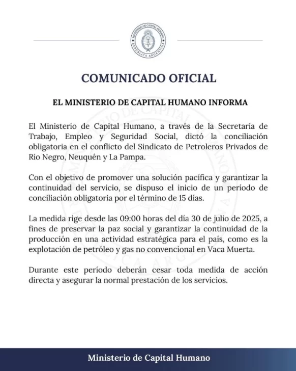  El comunicado del Ministerio de Capital Humano.