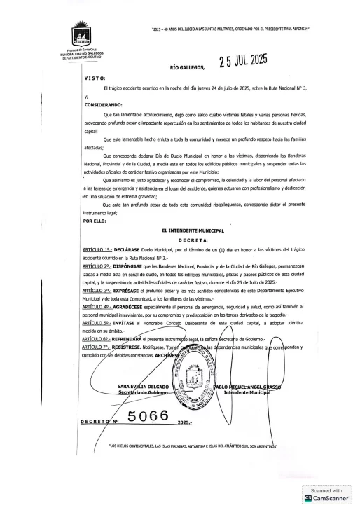  El decreto firmado por el intendente Pablo Grasso.