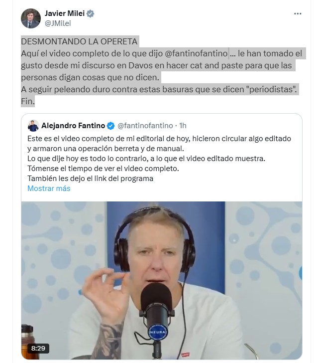 La publicación de Javier Milei tras la aclaración del periodista Alejandro Fantino.