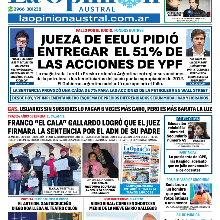 Tapa del Diario La Opinión Austral edición impresa del martes 1 de julio de 2025, Río Gallegos, Santa Cruz, Argentina Tapa del Diario La Opinión Austral edición impresa del martes 1 de julio de 2025, Río Gallegos, Santa Cruz, Argentina