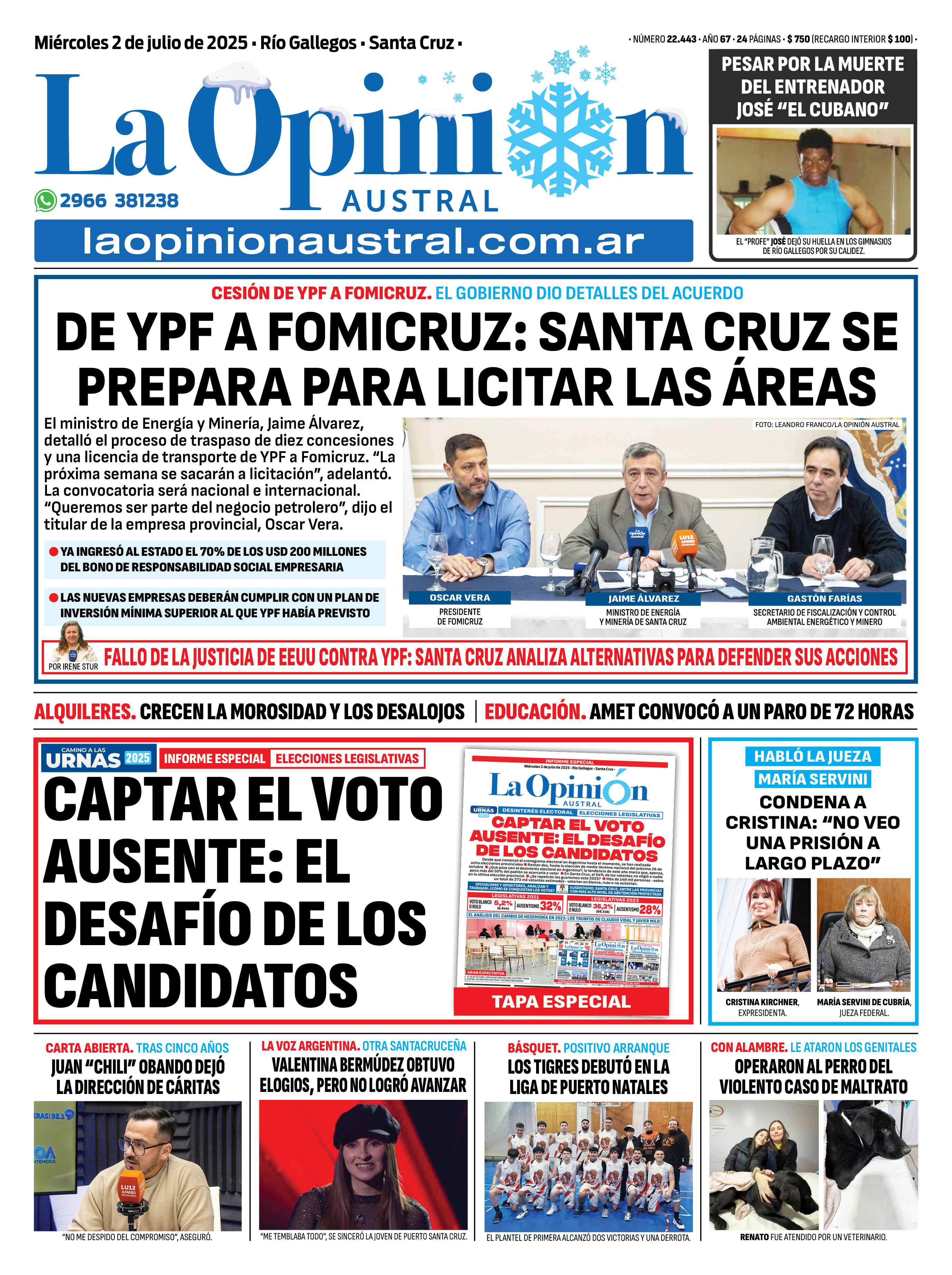  Tapa de La Opinión Austral del 2 de julio de 2025.