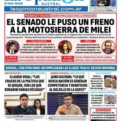 Tapa del Diario La Opinión Austral edición impresa del viernes 11 de julio de 2025, Río Gallegos, Santa Cruz, Argentina