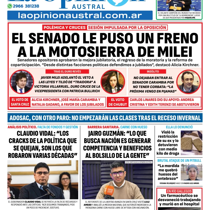 Tapa del Diario La Opinión Austral edición impresa del viernes 11 de julio de 2025, Río Gallegos, Santa Cruz, Argentina
