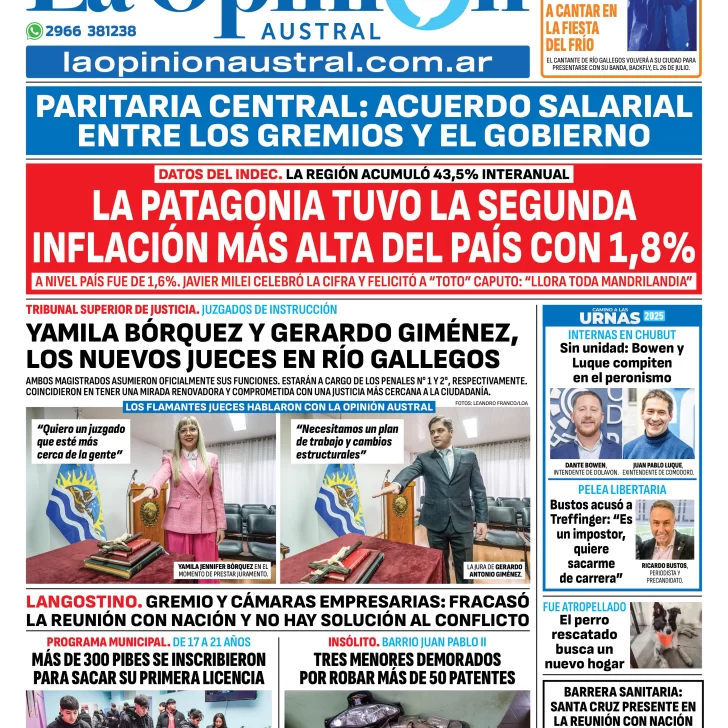 Tapa del Diario La Opinión Austral edición impresa del martes 15 de julio de 2025, Río Gallegos, Santa Cruz, Argentina
