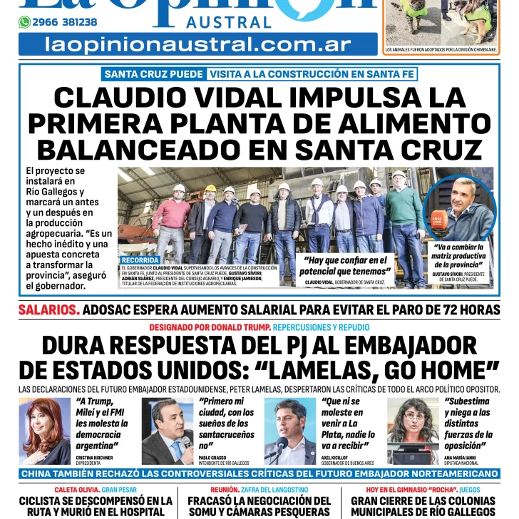 Tapa del Diario La Opinión Austral edición impresa del jueves 24 de julio de 2025, Río Gallegos, Santa Cruz, Argentina