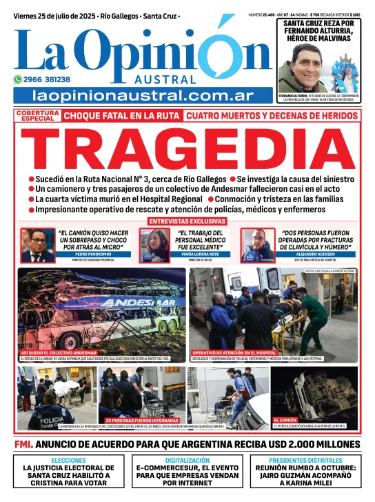 Tapa del Diario La Opinión Austral edición impresa del viernes 25 de julio de 2025, Río Gallegos, Santa Cruz, Argentina