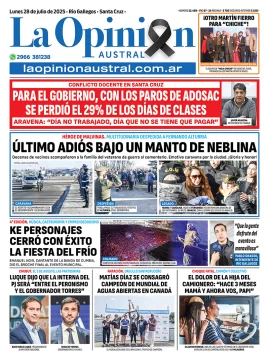 Tapa del Diario La Opinión Austral edición impresa del lunes 28 de julio de 2025, Río Gallegos, Santa Cruz, Argentina Tapa del Diario La Opinión Austral edición impresa del lunes 28 de julio de 2025, Río Gallegos, Santa Cruz, Argentina