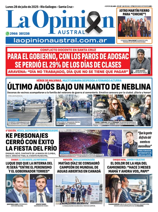 Tapa del Diario La Opinión Austral edición impresa del lunes 28 de julio de 2025, Río Gallegos, Santa Cruz, Argentina