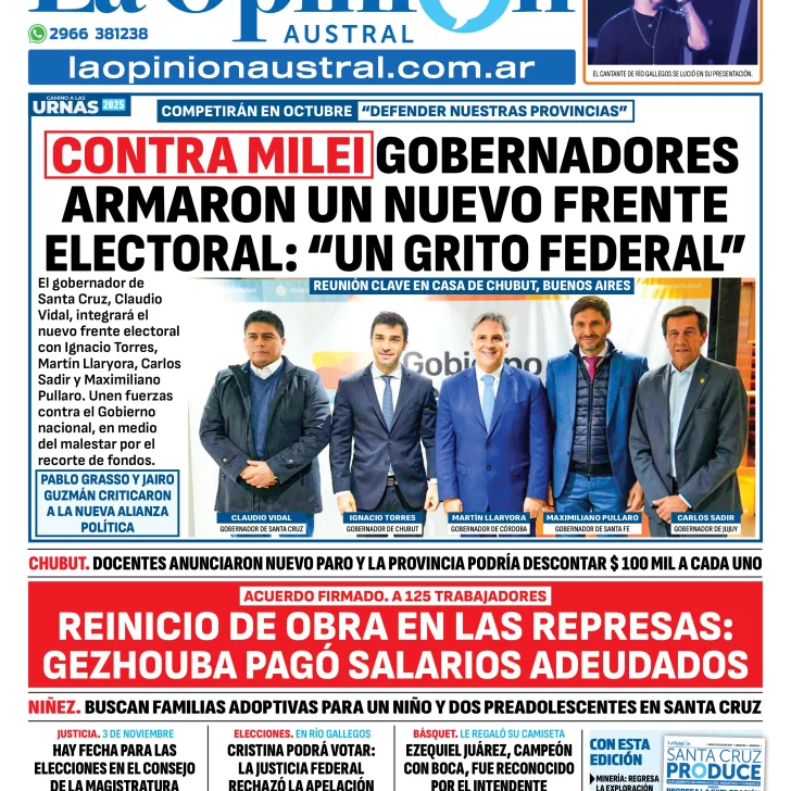 Tapa del Diario La Opinión Austral edición impresa del jueves 31 de julio de 2025, Río Gallegos, Santa Cruz, Argentina Tapa del Diario La Opinión Austral edición impresa del jueves 31 de julio de 2025, Río Gallegos, Santa Cruz, Argentina