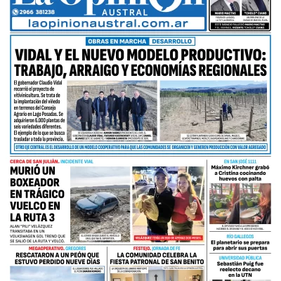 Tapa del Diario La Opinión Austral edición impresa del domingo 13 de julio de 2025, Río Gallegos, Santa Cruz, Argentina