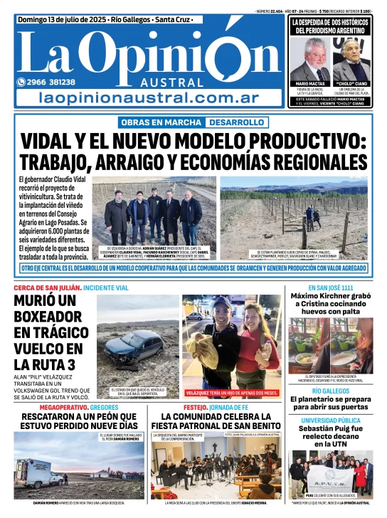 Tapa del Diario La Opinión Austral edición impresa del domingo 13 de julio de 2025, Río Gallegos, Santa Cruz, Argentina