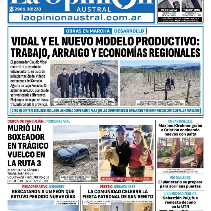 Tapa del Diario La Opinión Austral edición impresa del domingo 13 de julio de 2025, Río Gallegos, Santa Cruz, Argentina Tapa del Diario La Opinión Austral edición impresa del domingo 13 de julio de 2025, Río Gallegos, Santa Cruz, Argentina