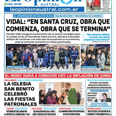 Tapa del Diario La Opinión Austral edición impresa del lunes 14 de julio de 2025, Río Gallegos, Santa Cruz, Argentina