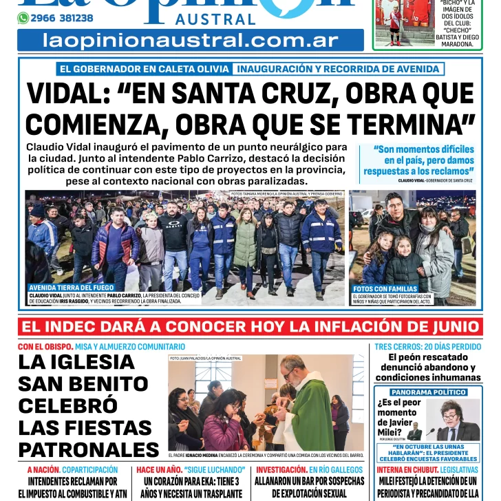 Tapa del Diario La Opinión Austral edición impresa del lunes 14 de julio de 2025, Río Gallegos, Santa Cruz, Argentina