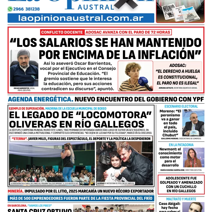 Tapa del Diario La Opinión Austral edición impresa del martes 29 de julio de 2025, Río Gallegos, Santa Cruz, Argentina Tapa del Diario La Opinión Austral edición impresa del martes 29 de julio de 2025, Río Gallegos, Santa Cruz, Argentina
