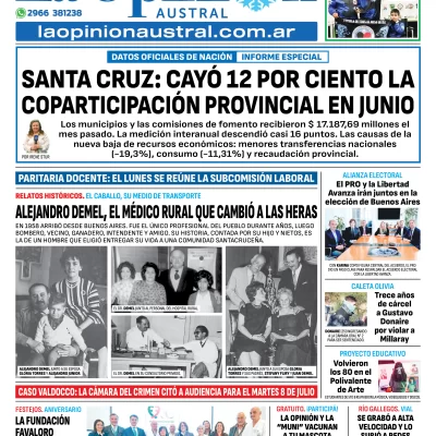 Tapa del Diario La Opinión Austral edición impresa del sábado 5 de julio de 2025, Río Gallegos, Santa Cruz, Argentina