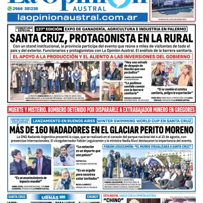 Tapa del Diario La Opinión Austral edición impresa del viernes 18 de julio de 2025, Río Gallegos, Santa Cruz, Argentina