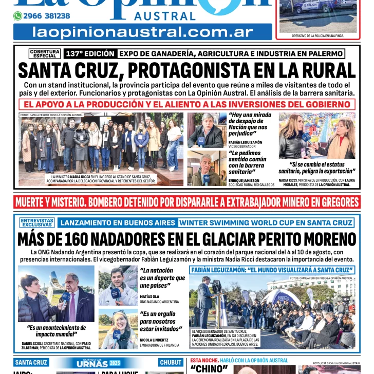 Tapa del Diario La Opinión Austral edición impresa del viernes 18 de julio de 2025, Río Gallegos, Santa Cruz, Argentina Tapa del Diario La Opinión Austral edición impresa del viernes 18 de julio de 2025, Río Gallegos, Santa Cruz, Argentina