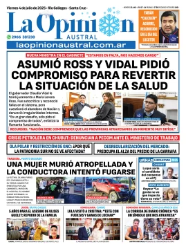 Tapa del Diario La Opinión Austral edición impresa del viernes 4 de julio de 2025, Río Gallegos, Santa Cruz, Argentina Tapa del Diario La Opinión Austral edición impresa del viernes 4 de julio de 2025, Río Gallegos, Santa Cruz, Argentina
