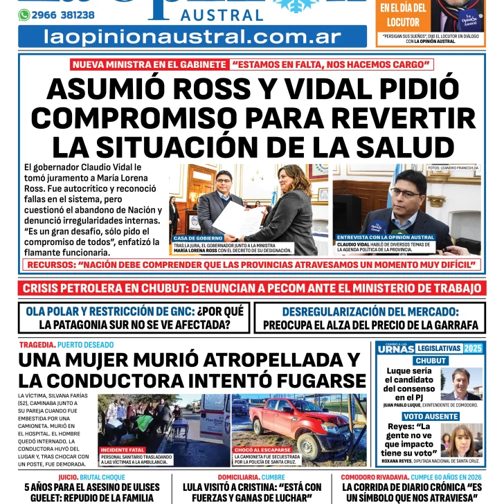 Tapa del Diario La Opinión Austral edición impresa del viernes 4 de julio de 2025, Río Gallegos, Santa Cruz, Argentina Tapa del Diario La Opinión Austral edición impresa del viernes 4 de julio de 2025, Río Gallegos, Santa Cruz, Argentina
