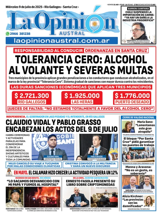 Tapa del Diario La Opinión Austral edición impresa del miércoles 9 de julio de 2025, Río Gallegos, Santa Cruz, Argentina