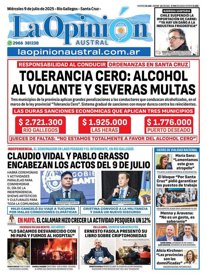  Tapa de La Opinión Austral. Tolerancia cero: alcohol al volante y severas multas en Santa Cruz.
