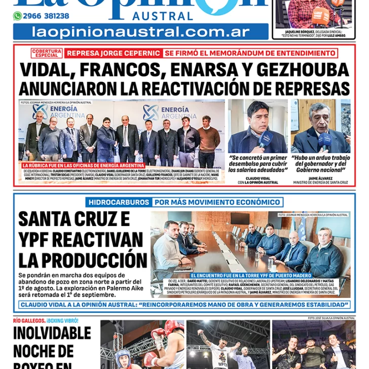Tapa del Diario La Opinión Austral edición impresa del sábado 19 de julio de 2025, Río Gallegos, Santa Cruz, Argentina