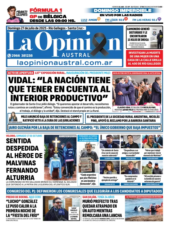 Tapa del Diario La Opinión Austral edición impresa del domingo 27 de julio de 2025, Río Gallegos, Santa Cruz, Argentina