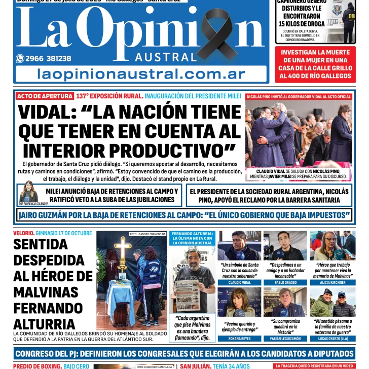 Tapa del Diario La Opinión Austral edición impresa del domingo 27 de julio de 2025, Río Gallegos, Santa Cruz, Argentina