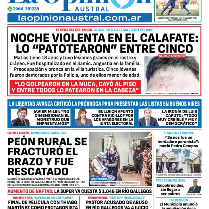 Tapa del Diario La Opinión Austral edición impresa del lunes 21 de julio de 2025, Río Gallegos, Santa Cruz, Argentina Tapa del Diario La Opinión Austral edición impresa del lunes 21 de julio de 2025, Río Gallegos, Santa Cruz, Argentina