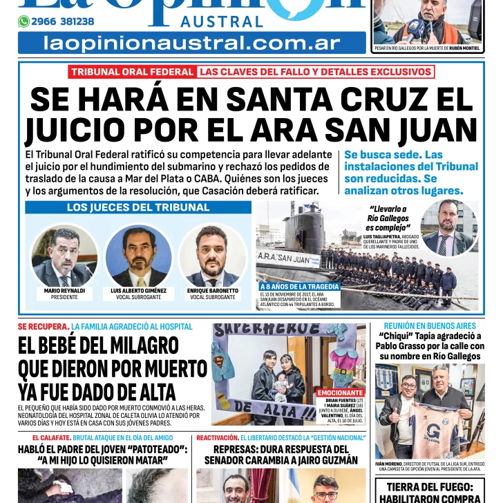 Tapa del Diario La Opinión Austral edición impresa del miércoles 23 de julio de 2025, Río Gallegos, Santa Cruz, Argentina Tapa del Diario La Opinión Austral edición impresa del miércoles 23 de julio de 2025, Río Gallegos, Santa Cruz, Argentina