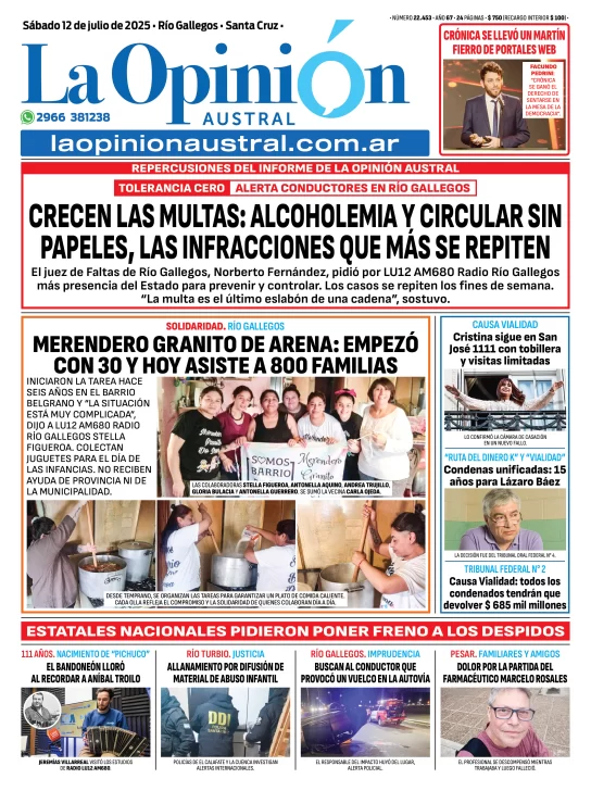  Tapa del Diario La Opinión Austral edición impresa del sábado 12 de julio de 2025.