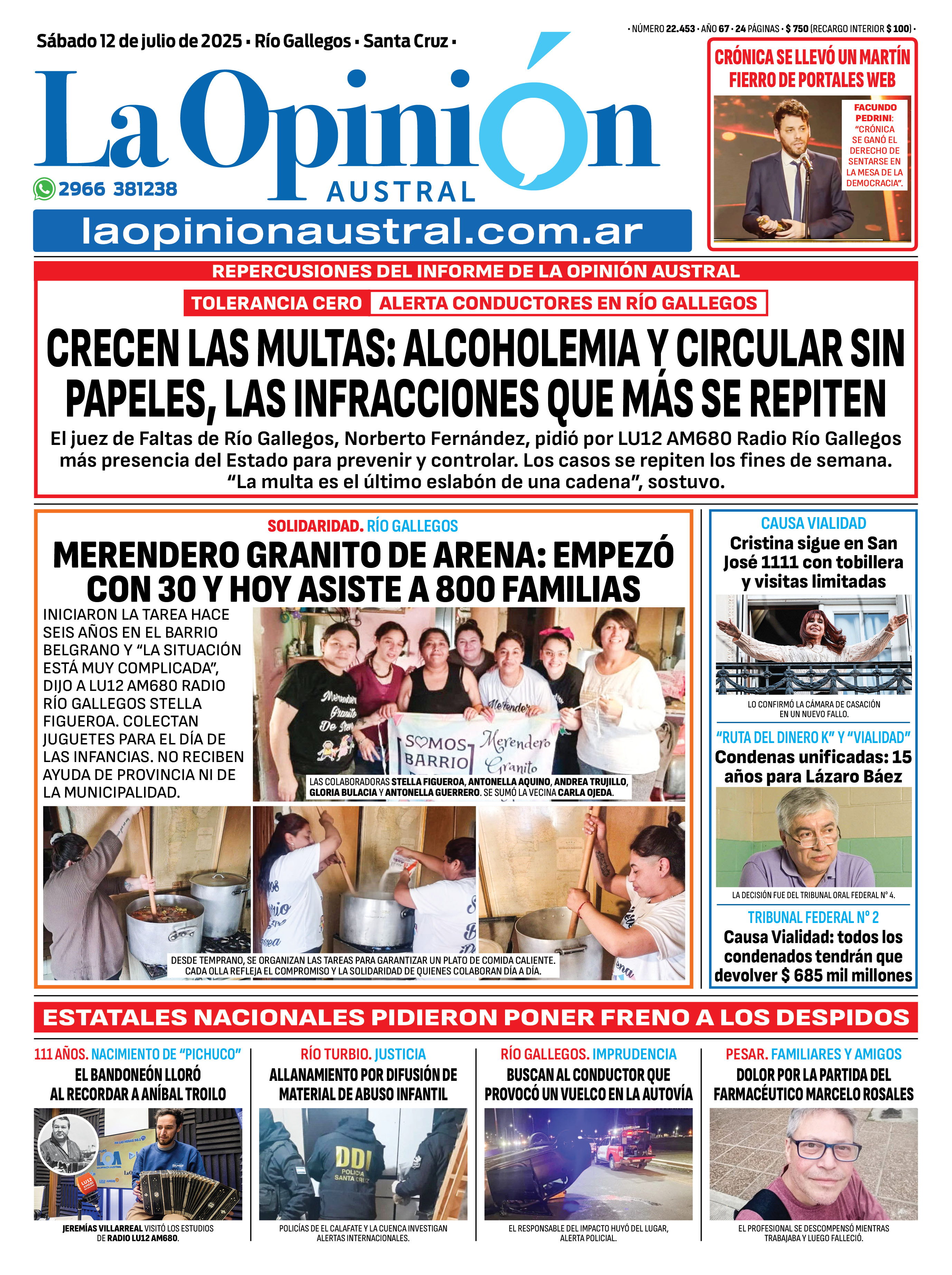  Tapa del Diario La Opinión Austral edición impresa del sábado 12 de julio de 2025.