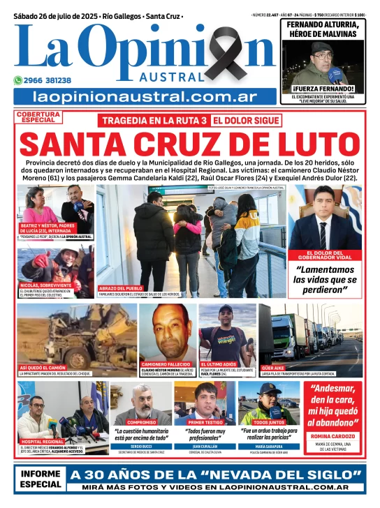 Tapa del Diario La Opinión Austral edición impresa del sábado 26 de julio de 2025, Río Gallegos, Santa Cruz, Argentina