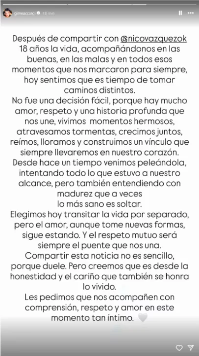 Del llanto a los memes, Gimena Accardi y Nico Vázquez anunciaron su separación y las redes explotaron