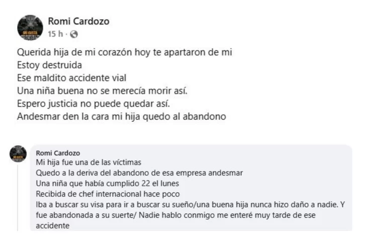 El desgarrador mensaje de la mamá de una de las víctimas del choque en Ruta 3: &#8220;¡Andesmar, den la cara!&#8221;