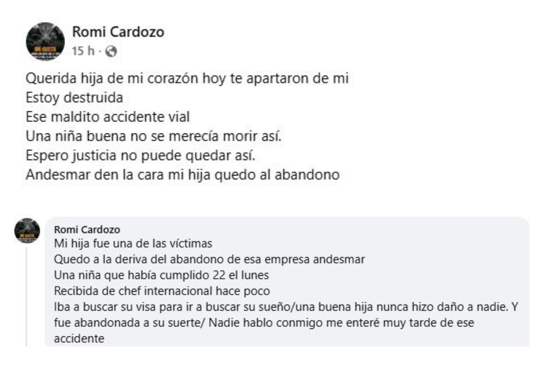 El desgarrador mensaje de la mamá de una de las víctimas del choque en Ruta 3: &#8220;¡Andesmar, den la cara!&#8221;