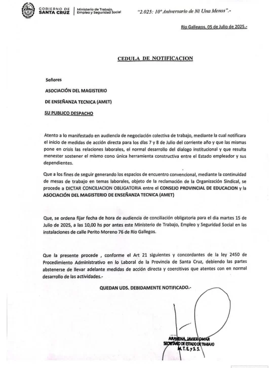 AMET acató la conciliación obligatoria que dictó el Estado provincial y levantó el paro anunciado 