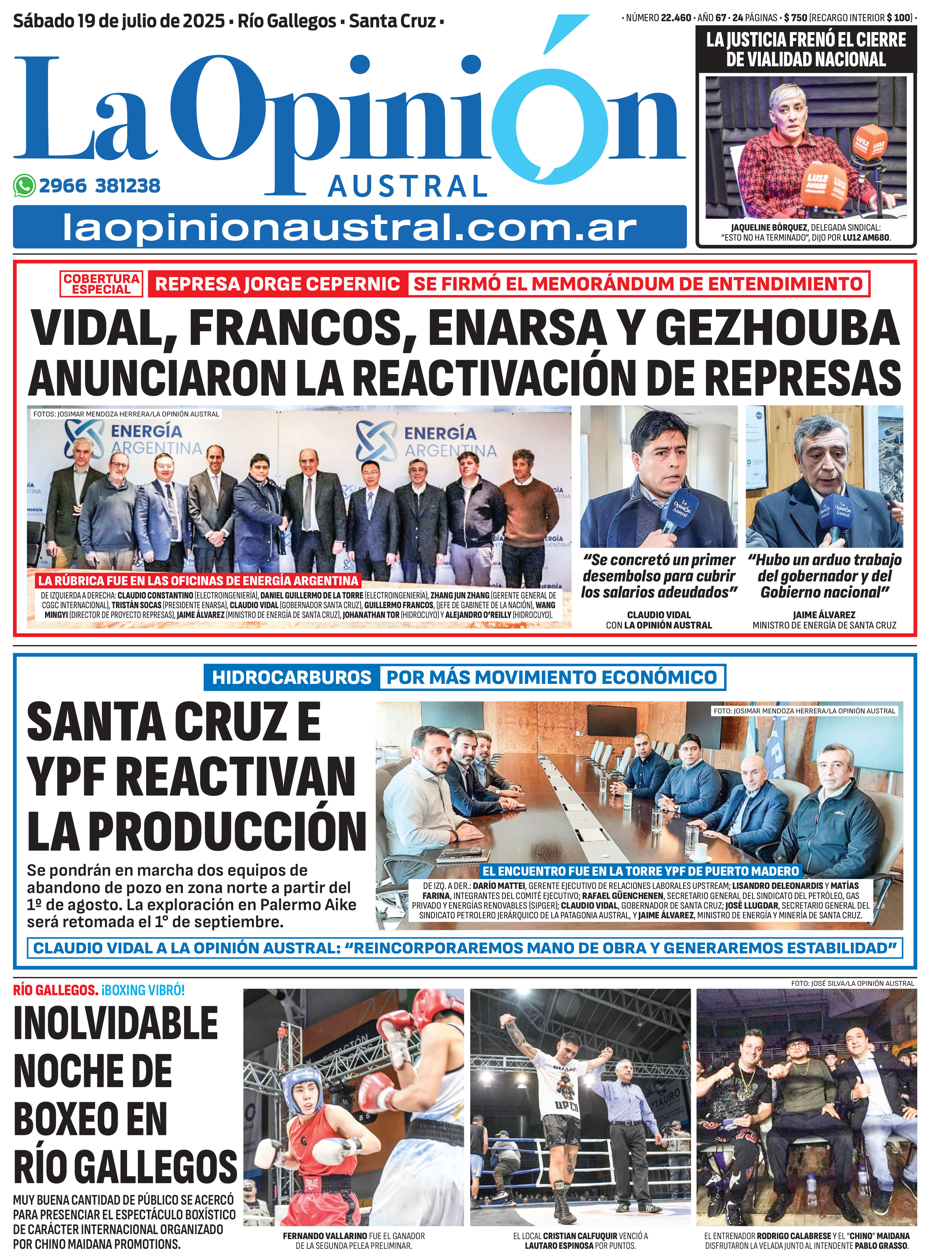  La tapa de La Opinión Austral del sábado 19 de julio.
