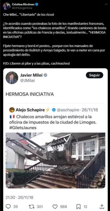 Cristina Kirchner apuntó contra Milei tras la detención de Eva Mieri y señaló un posteo que podría ser apología del delito