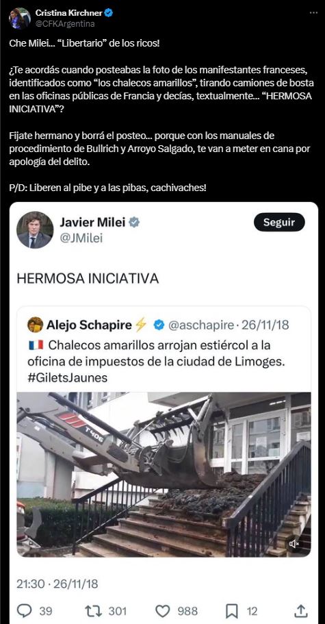 Cristina Kirchner apuntó contra Milei tras la detención de Eva Mieri y señaló un posteo que podría ser apología del delito