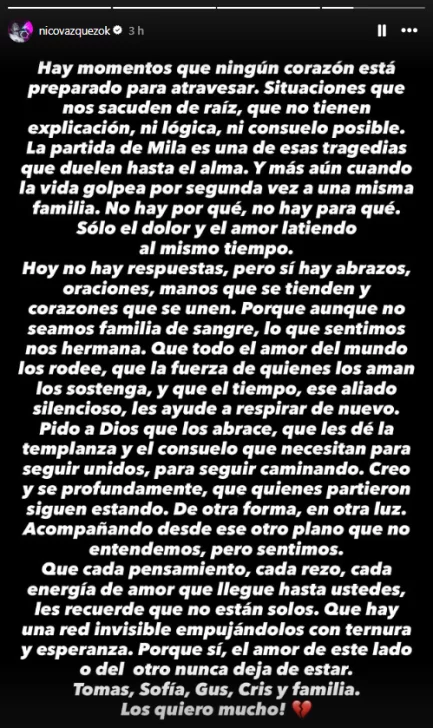 El desgarrador mensaje de Nico Vázquez tras la muerte de Mila, la nieta de Cris Morena: &#8220;Ningún corazón está preparado para atravesarlo&#8221;